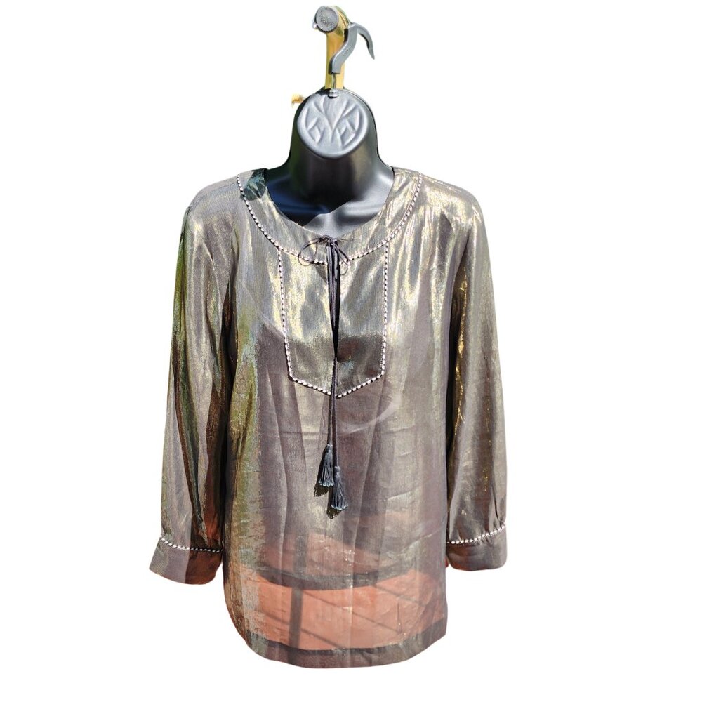 J Crew Black Label Metallic Gold Silk Blend Tunic Blouse, size 4 - Picture 3 of 11